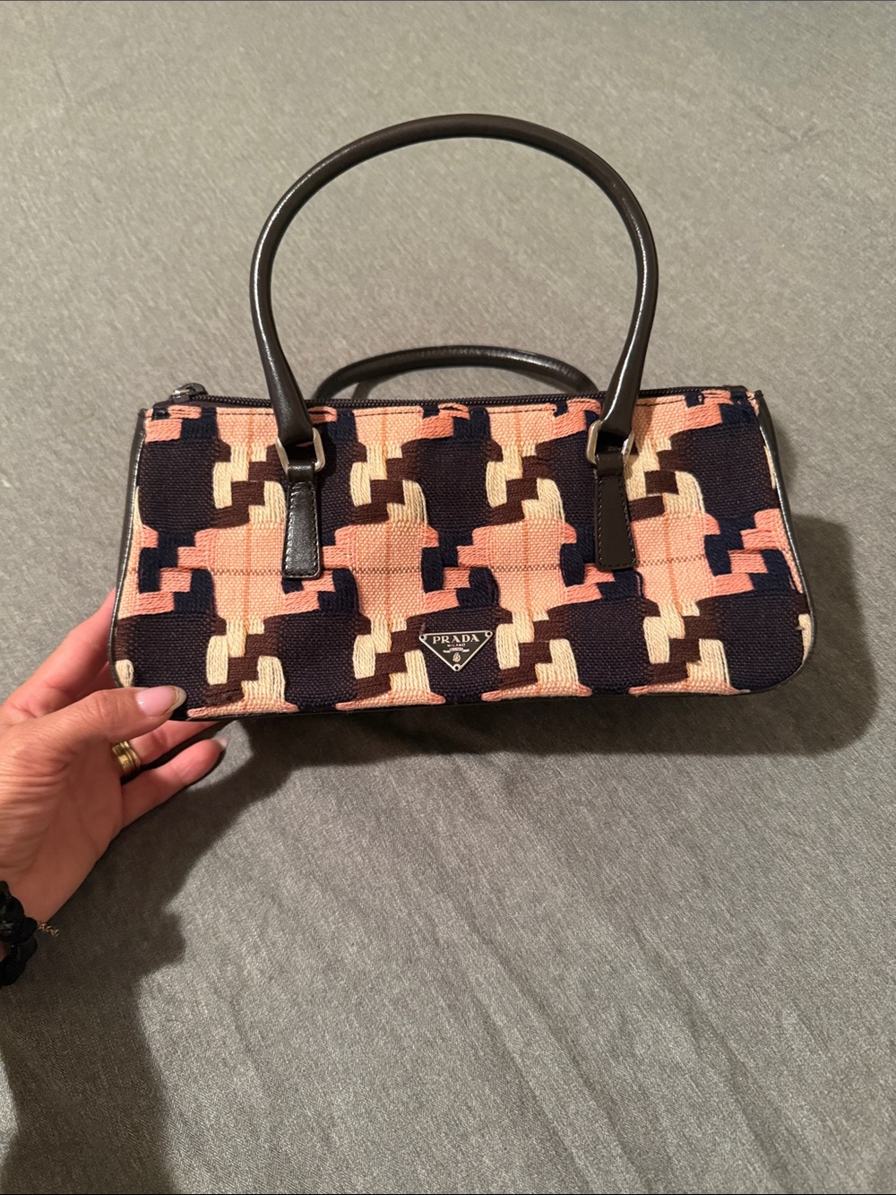 Prada Pink Black Cream Geometric Jacquard Shoulder Bag